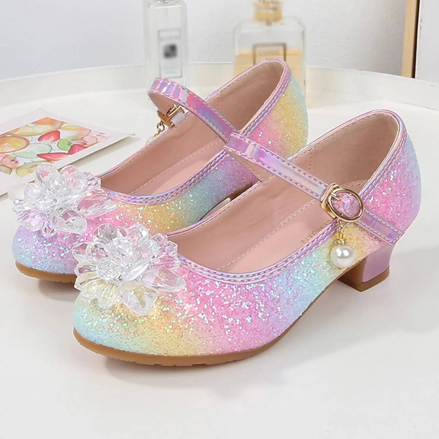 Girls Dress Flat Toddler Princess Glitter Flower Big Kids Shoes Mary Jane Low Heels for Party Wedding Flat