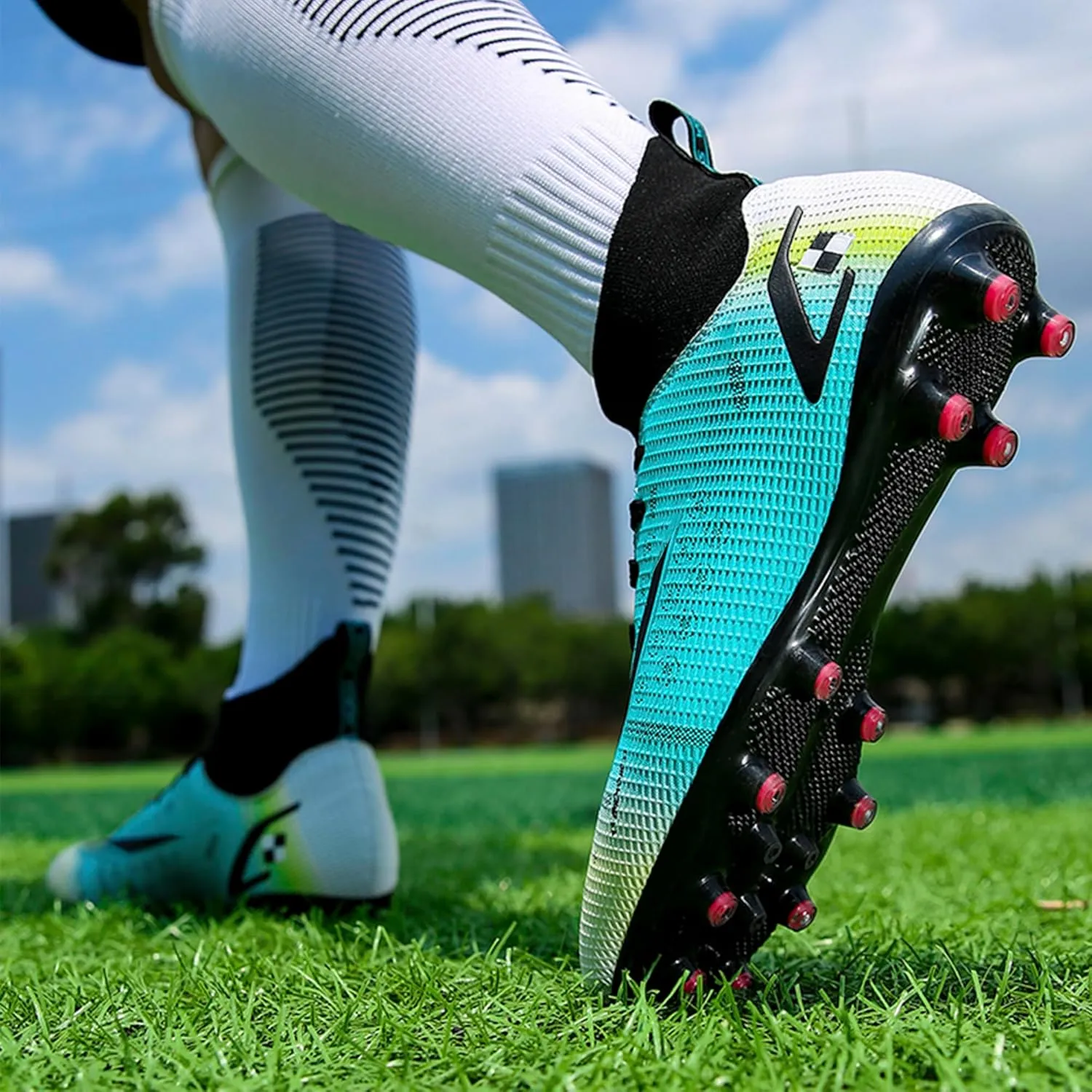 HHY Men's Soccer Shoes Football Cleats with Lace-Up High-Tops Non-Slip Spikes