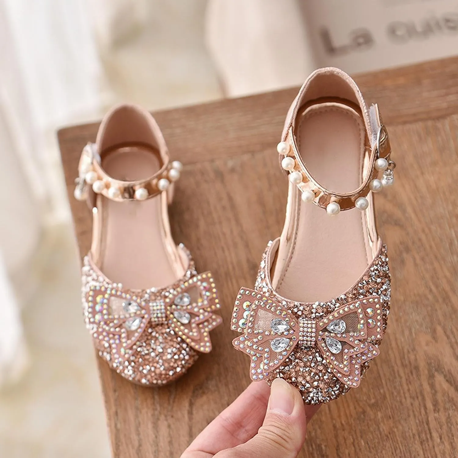 Kids Girls Mary Jane Ballerina Shoes hinestones Bowknot Flower Girls Wedding Pary Pearl Strap Dress Shoes
