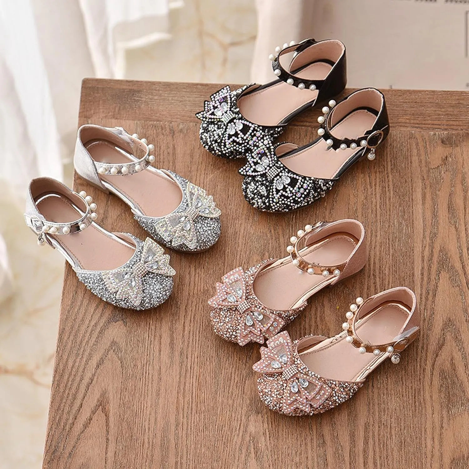 Kids Girls Mary Jane Ballerina Shoes hinestones Bowknot Flower Girls Wedding Pary Pearl Strap Dress Shoes