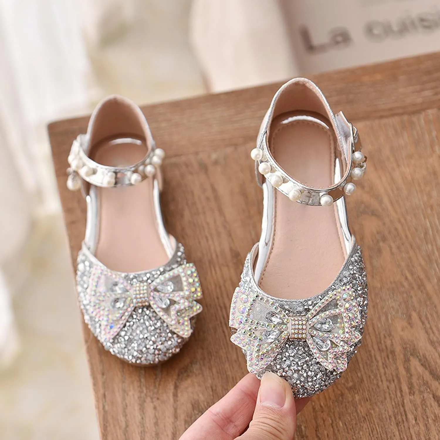Kids Girls Mary Jane Ballerina Shoes hinestones Bowknot Flower Girls Wedding Pary Pearl Strap Dress Shoes