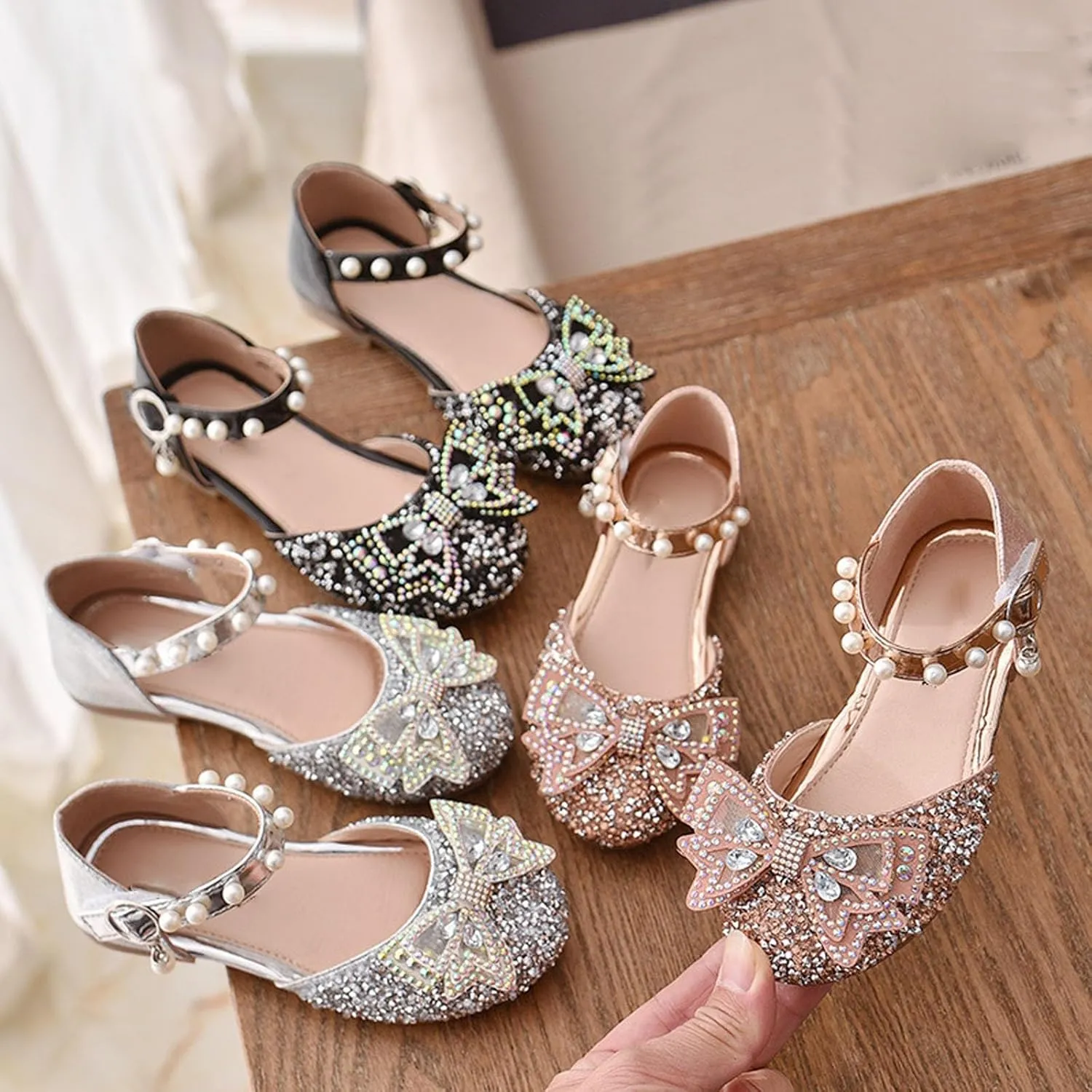 Kids Girls Mary Jane Ballerina Shoes hinestones Bowknot Flower Girls Wedding Pary Pearl Strap Dress Shoes