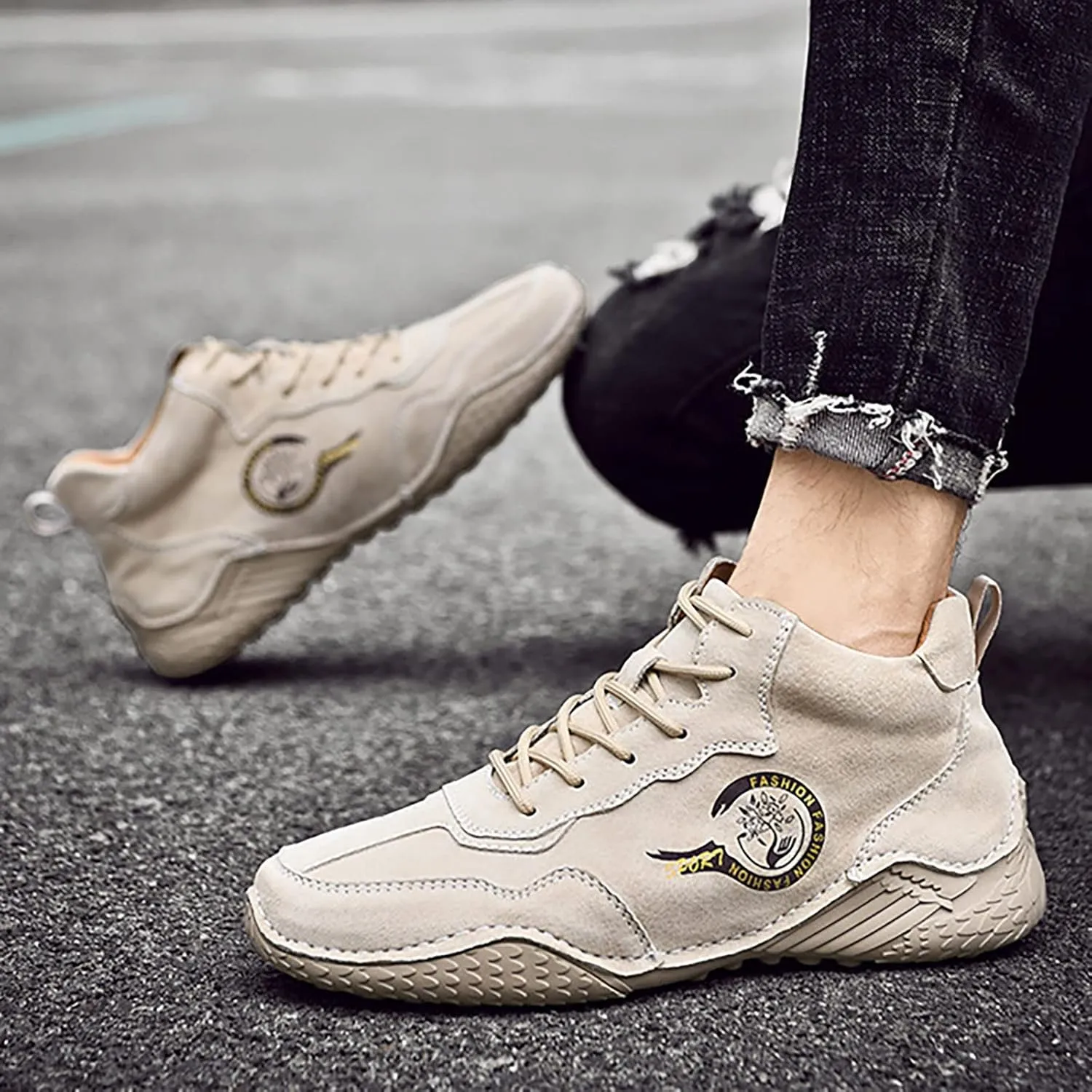 New Spring and Men's Leather Shoes Korean Fashion Lace Up Short Boots Shoe Big Sneaker Slippers Men