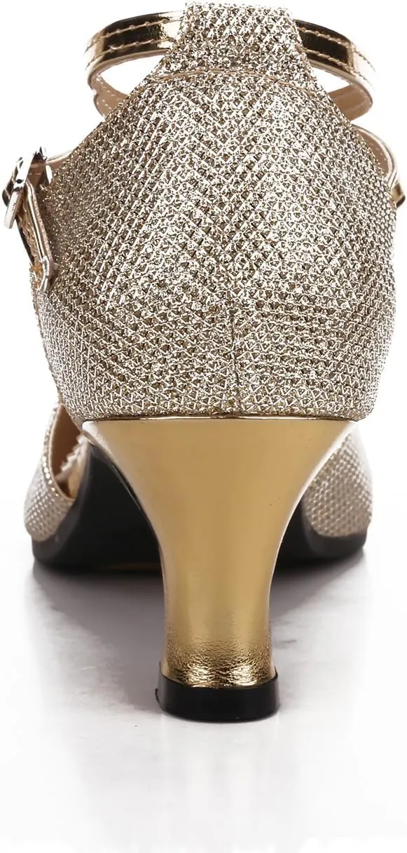 Women Latin Dance Shoes Ankle Strap Heels for Ballroom Tango Salsa Closed Toe Cross Strap Rubber Sole