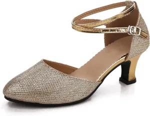 Women Latin Dance Shoes Ankle Strap Heels for Ballroom Tango Salsa Closed Toe Cross Strap Rubber Sole